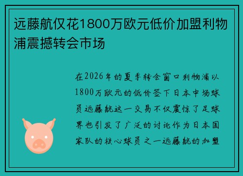 远藤航仅花1800万欧元低价加盟利物浦震撼转会市场 远藤航仅花1800万欧元低价加盟利物浦震撼转会市场