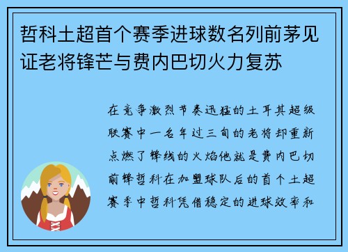 哲科土超首个赛季进球数名列前茅见证老将锋芒与费内巴切火力复苏 哲科土超首个赛季进球数名列前茅见证老将锋芒与费内巴切火力复苏